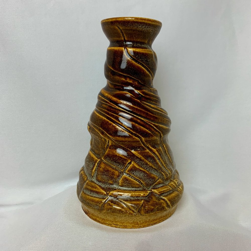Signed Studio Pottery Brown Glazed Ceramic Art Vase Abstract Carved Design